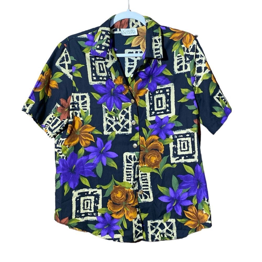 Vintage Cristin Stevens Floral Tribal Print Short Sleeve Button Up Blouse Size M